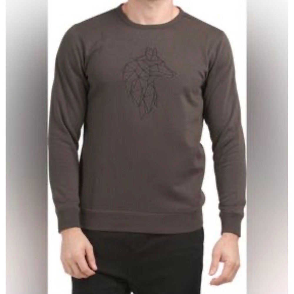 French Connection Mens Brown Geometric‎ Wolf Embroidered Crewneck Sweatshirt L